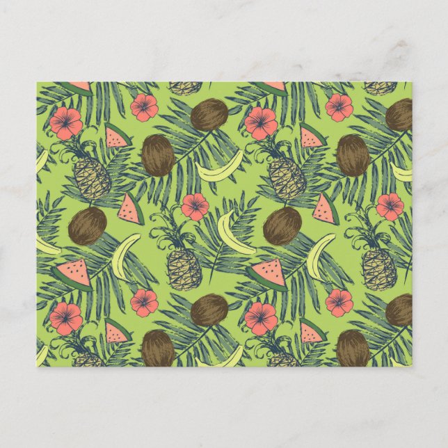 Cartão Postal Desenho da Fruta tropical sobre padrão verde (Frente)