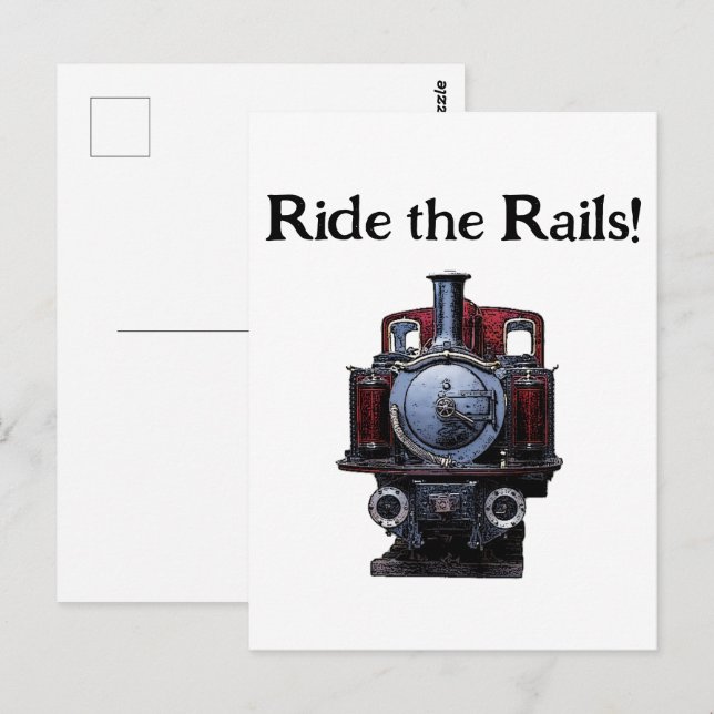 Cartão Postal Desenho da Locomotiva do Comboio Vermelho e Azul (Frente/Verso)