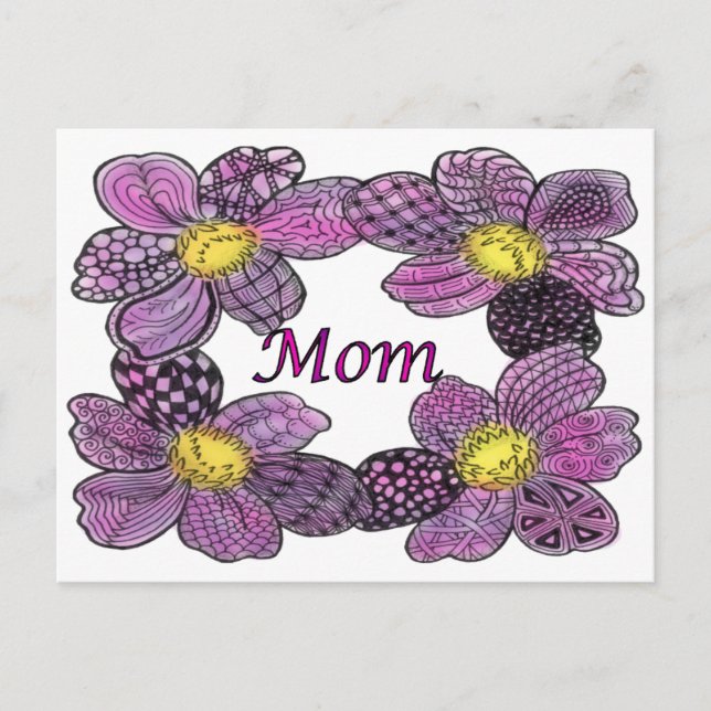 Cartão Postal Desenho da Mãe com Flor Roxa Rabiscado (Frente)