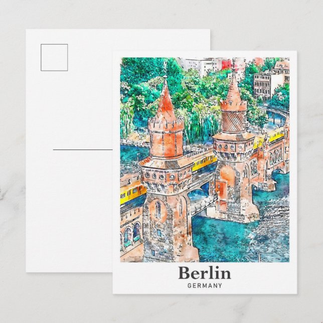 Cartão Postal Desenho da Mão de Aquarela de Berlim Alemanha Viag (Frente/Verso)