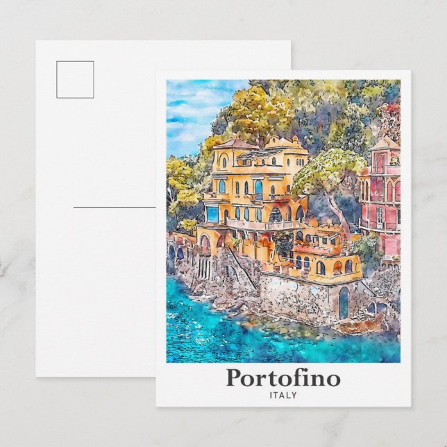 Cartão Postal Desenho Da Mão De Aquarela Portofino Itália Viagem (Frente/Verso)