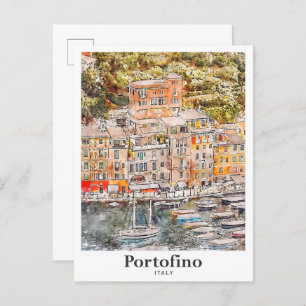 Cartão Postal Desenho Da Mão De Aquarela Portofino Itália Viagem