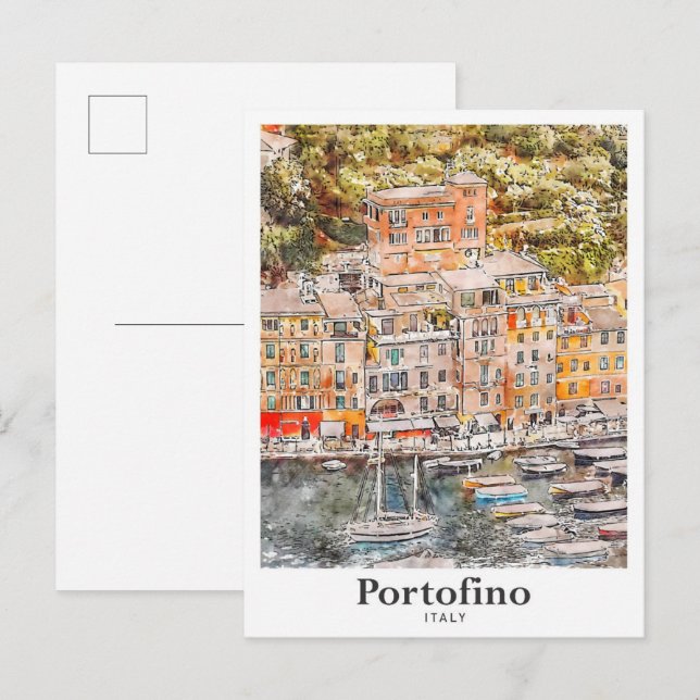 Cartão Postal Desenho Da Mão De Aquarela Portofino Itália Viagem (Frente/Verso)