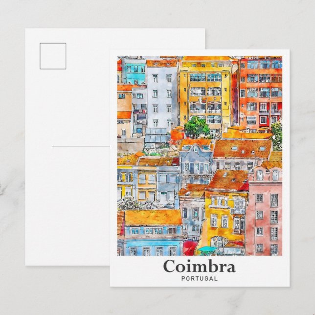 Cartão Postal Desenho Da Mão De Viagem Aquarela De Coimbra Portu (Frente/Verso)