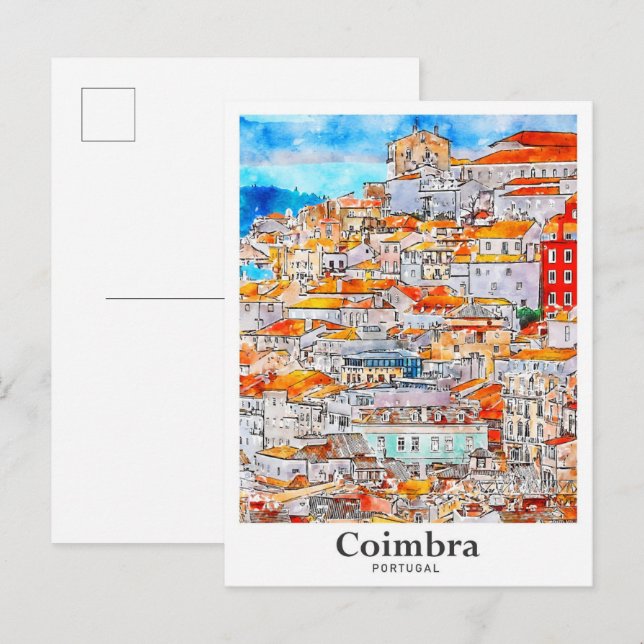 Cartão Postal Desenho Da Mão De Viagem Aquarela De Coimbra Portu (Frente/Verso)