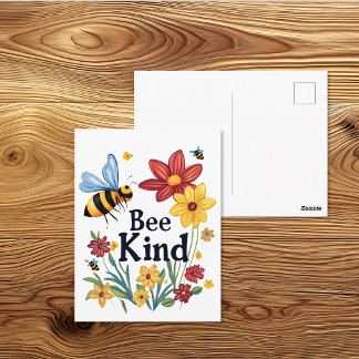 Cartão Postal Desenho de Abelha e Flor Cartoon Bee Kind
