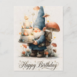 Cartão Postal Desenho de Aniversário de Gnomo em Aquarela com Bo