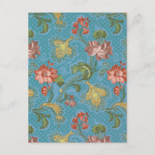 Cartão Postal Desenho de Brocado Dourado Floral em Damasco Azul