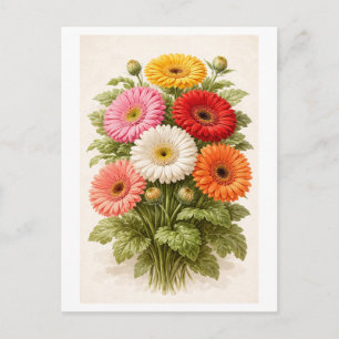 Cartão Postal Desenho de Buquê de Margarida Gerber Estilo Vintag