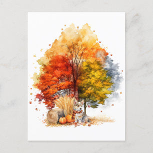 Cartão Postal Desenho de Cachorro no Outono em Aquarela - Corgi