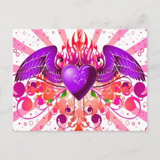 Cartão Postal Desenho de Coração Alado Grunge Roxo