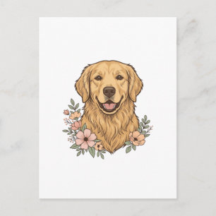 Cartão Postal Desenho de Gravura Vintage Floral Golden Retriever