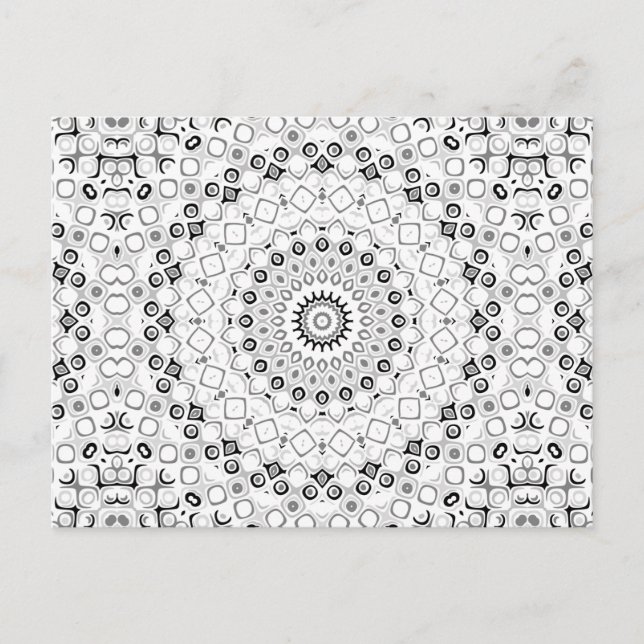 Cartão Postal Desenho de Mandala Monocromática Preto Branco Cinz (Frente)