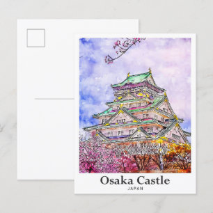 Cartão Postal Desenho de Mão de Água do Castelo de Osaka, Japão 