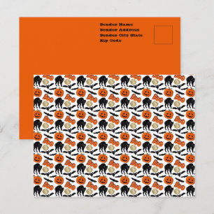 Cartão Postal Desenho de Morcegos, Gato, Abóbora e Lua do Dia da