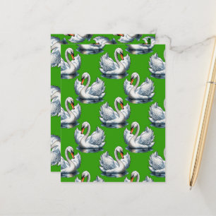 Cartão Postal Desenho de padrão de aves cisnes em verde 