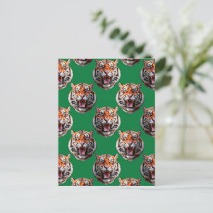 Cartão Postal Desenho de padrão de cabeça de tigre verde