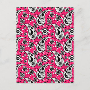 Cartão Postal Desenho de padrão de paisley floral rosa