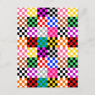 Cartão Postal Desenho de padrão xadrez em retalhos multicolorido