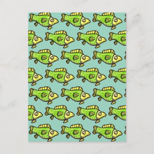 Cartão Postal Desenho de Peixe Verde de Desenho Animado Engraçad