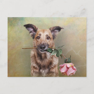 Cartão Postal Desenho de um cão engraçado segurando uma flor na 