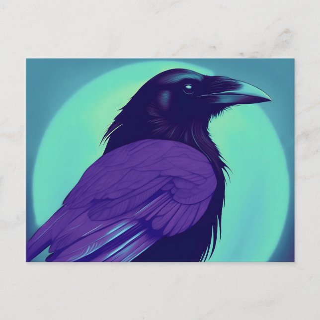Cartão Postal Desenho de um corvo em fundo azul néon (Frente)