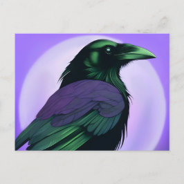 Cartão Postal Desenho de um corvo em fundo roxo neon 