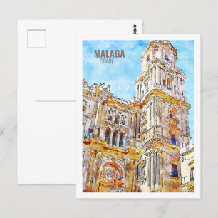Cartão Postal Desenho de Viagem por Aquarela da Espanha Málaga