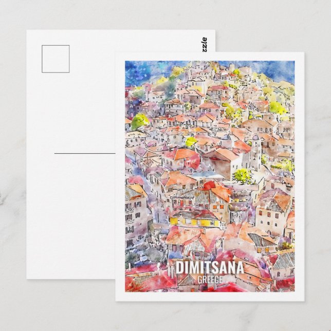 Cartão Postal Desenho de Viagem por Aquarela da Grécia Dimitsana (Frente/Verso)