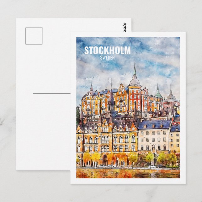 Cartão Postal Desenho de Viagem por Aquarela da Suecia de Estoco (Frente/Verso)
