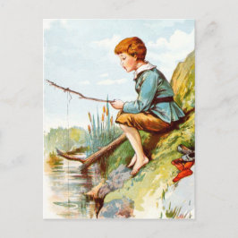 Cartão Postal Desenho de Vintage: Menino pescando em um rio