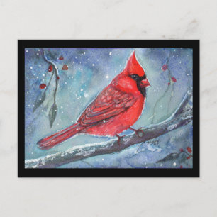 Cartão Postal desenho em aquarela de cardeal vermelho por Renee