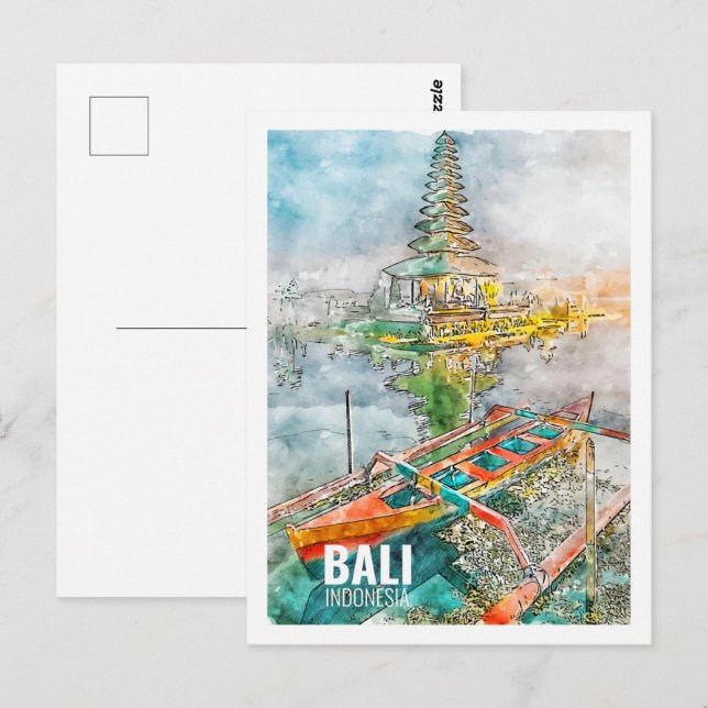 Cartão Postal Desenho em Aquarela Viagem da Bali Indonésia (Frente/Verso)