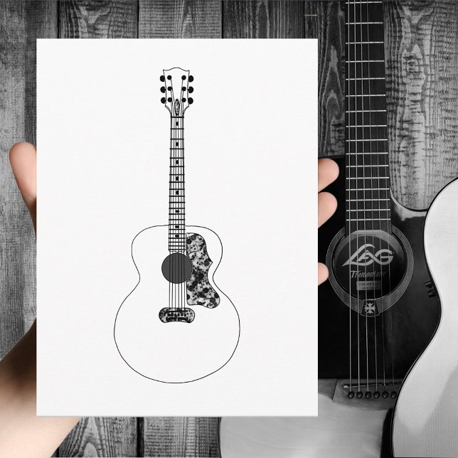 Cartão Postal Desenho em Linha Monocromática Guitarra Acústica M (Simple acoustic guitar black and white line art drawing greetings postcard guitarist musician )