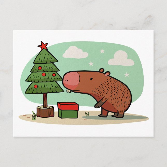 Cartão Postal Desenho Encantador de Capivara de Natal Brincalhon (Frente)