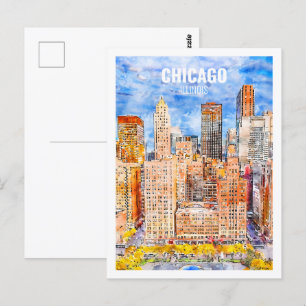 Cartão Postal Desenho Famoso de Viagem Watercolor de Chicago Ill