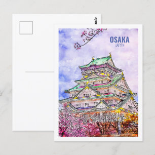 Cartão Postal Desenho Famoso de Viagem Watercolor do Osaka Japão