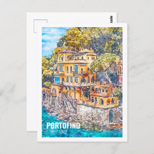 Cartão Postal Desenho Famoso de Viagem Watercolor Portofino Itál