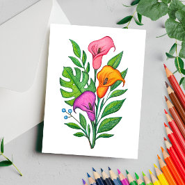 Cartão Postal Desenho Floral de Copos-de-Leite a Lápis de Cor
