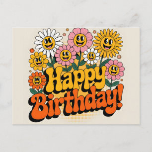Cartão Postal Desenho Floral Retro Groovy Feliz Aniversário
