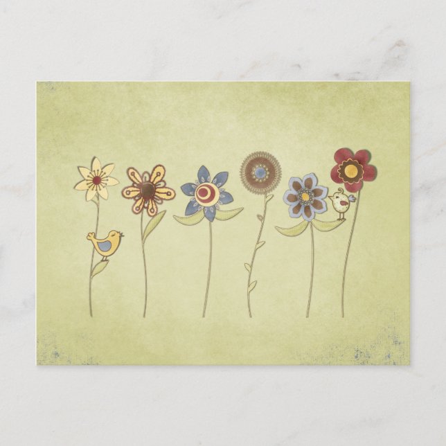 Cartão Postal desenhos de flores e aves bonitos (Frente)