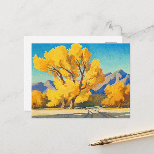 Cartão Postal Desert Cottonwoods, Arizona por Maynard Dixon (Frente/Verso In Situ)
