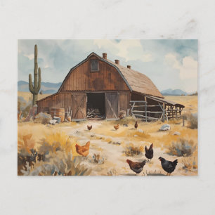Cartão Postal Desert Farmhouse Barn com Galinhas