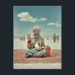 Cartão Postal Desert Traveler and Dove of Peace<br><div class="desc">A captivating portrait of a young traveler seated on a patterned rug in a vast desert landscape beneath a soft blue sky. Wearing round sunglasses and a wrapped headscarf, he gently holds a white dove while raising a hand in a sign of peace. A small suitcase rests beside him as...</div>