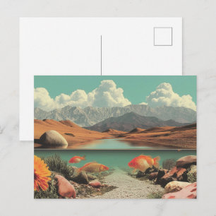 Cartão Postal Deserto e Lago Surreal com Peixes Dourados