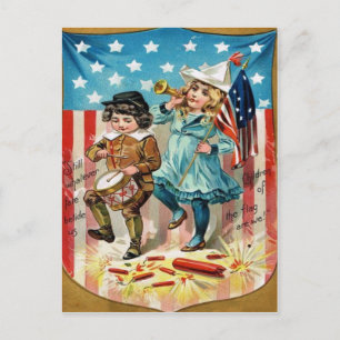 Cartão Postal Desfile de Crianças com Bandeira Americana Vintage