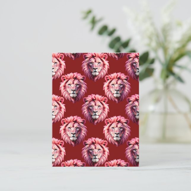 Cartão Postal Design com Cabeça de Leão Rosa Borgonha (Em pé/Frente)