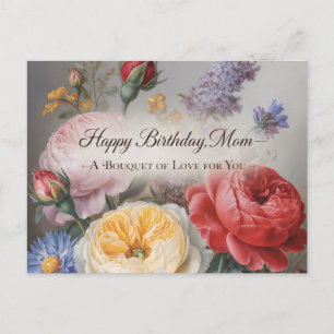 Cartão Postal Design de Aniversário Clássico para Mamãe com Buqu