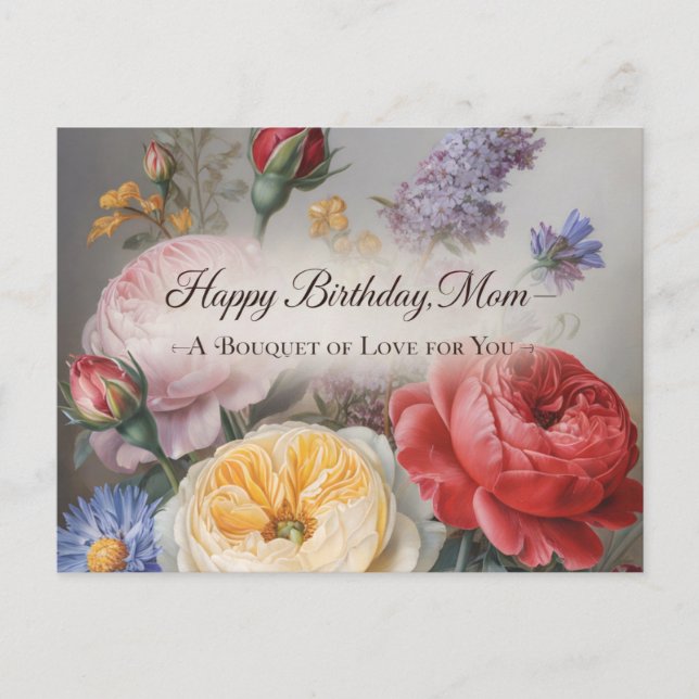 Cartão Postal Design de Aniversário Clássico para Mamãe com Buqu (Frente)