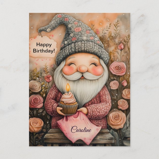 Cartão Postal Design de Aniversário Gnome Personalizável (Frente)